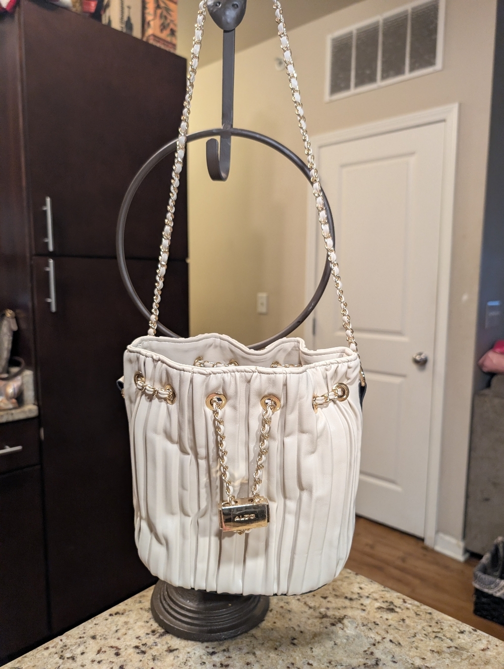 Aldo Cream Muddal Drawstring Chain Bucket Bag Gold Hardware. Like New